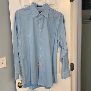 Men’s LS dress shirt, Kirkland Signature size 16 1/2 x 34 in blue/white.
